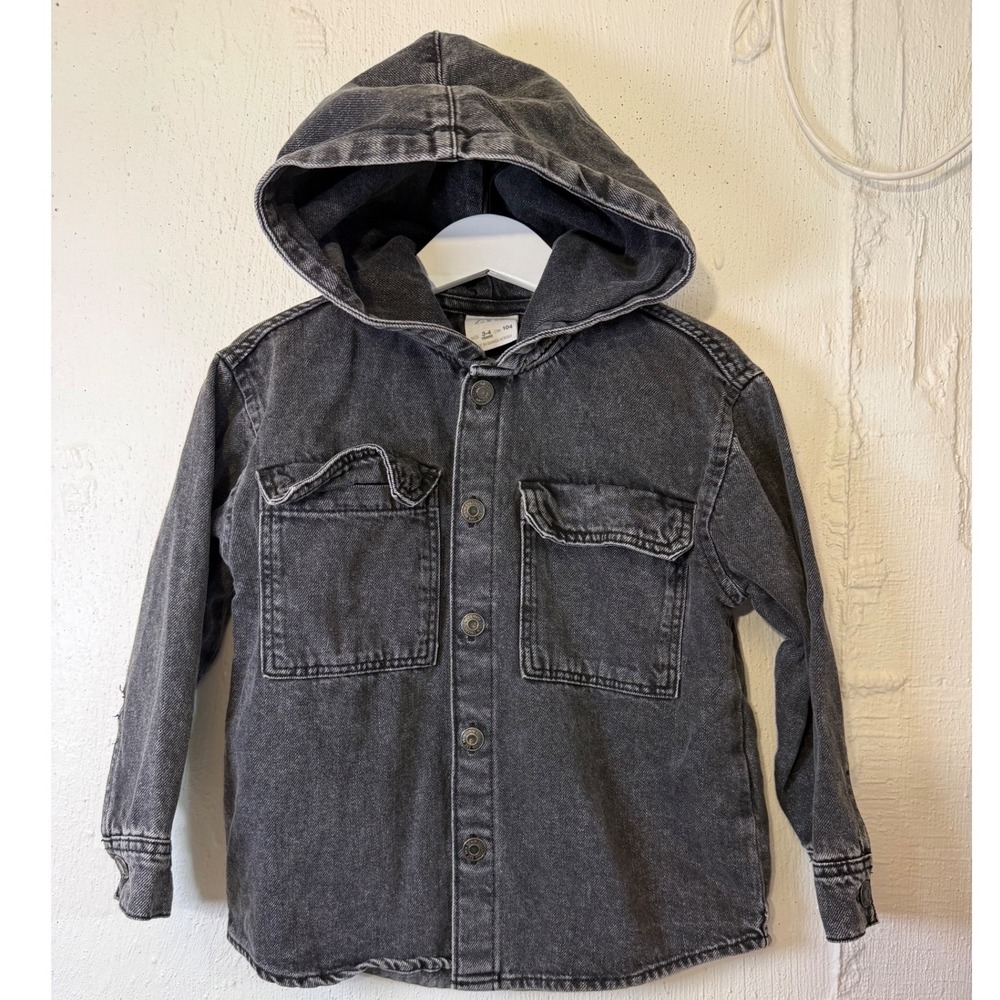 Zara Kids Hooded Denim Shirt Jacket Washed Black Button Front Size 3-4 Years 104